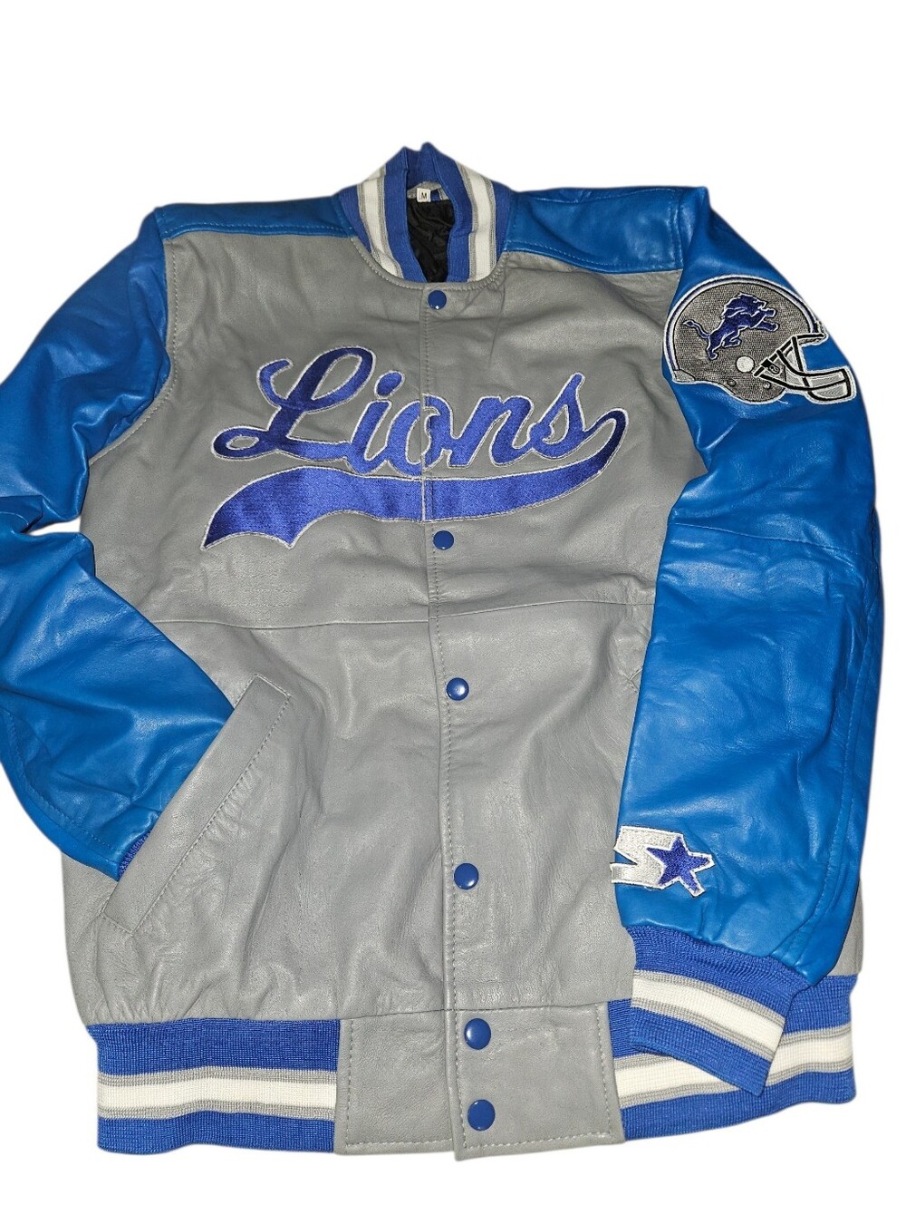 Detroit Lions Retro Gray and Blue Varsity Bomber Jacket Vintage Inspired Medium